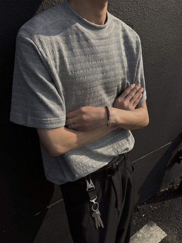 Férfi egyszínű jacquard póló, könnyű, lélegző pamut-keverék anyag, kerek nyak, rövid ujj, nyári viselet, slim fit.