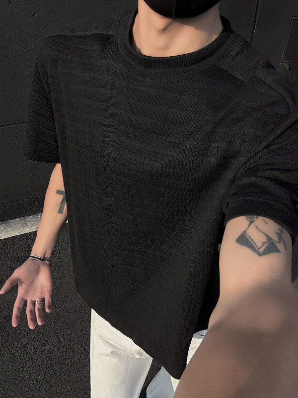Férfi egyszínű jacquard póló, könnyű, lélegző pamut-keverék anyag, kerek nyak, rövid ujj, nyári viselet, slim fit.