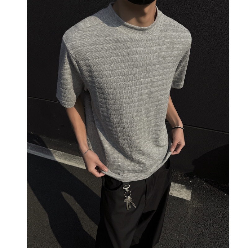 Férfi egyszínű jacquard póló, könnyű, lélegző pamut-keverék anyag, kerek nyak, rövid ujj, nyári viselet, slim fit.