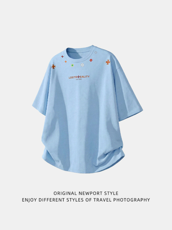 Férfi texturált, 100% pamut rövid ujjú T-shirt, nyár, laza szabás, amerikai casual stílus, etnikus mintázat