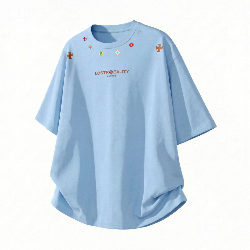 Férfi texturált, 100% pamut rövid ujjú T-shirt, nyár, laza szabás, amerikai casual stílus, etnikus mintázat