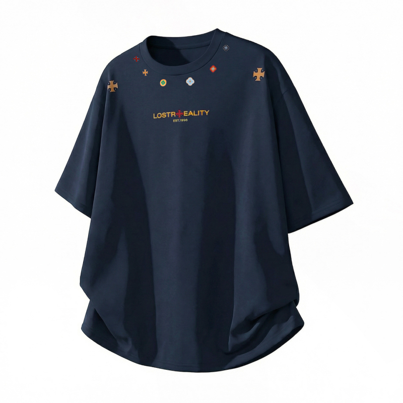 Férfi texturált, 100% pamut rövid ujjú T-shirt, nyár, laza szabás, amerikai casual stílus, etnikus mintázat