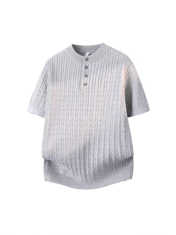 Férfi nyári kötött rövid ujjú felső Henley-gallérral, elegáns és sokoldalú