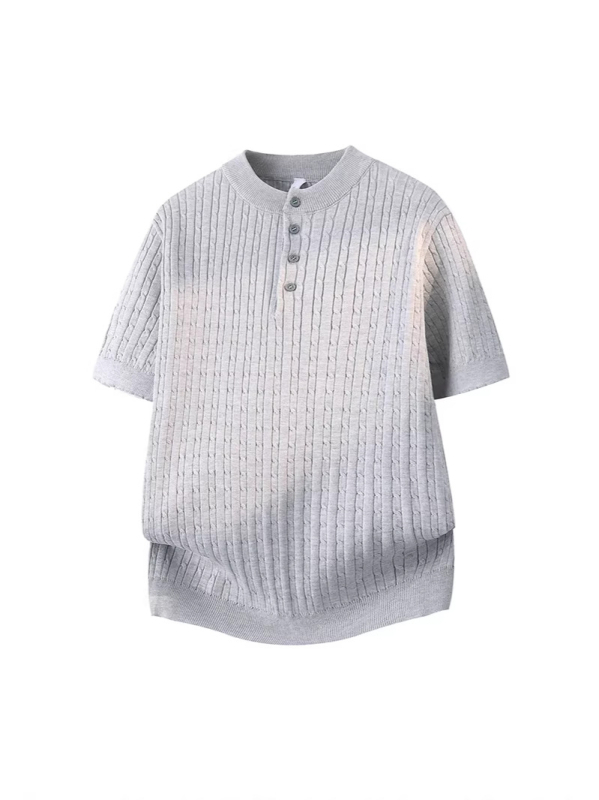 Férfi nyári kötött rövid ujjú felső Henley-gallérral, elegáns és sokoldalú