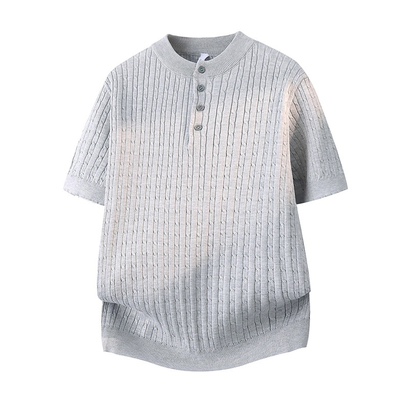 Férfi nyári kötött rövid ujjú felső Henley-gallérral, elegáns és sokoldalú
