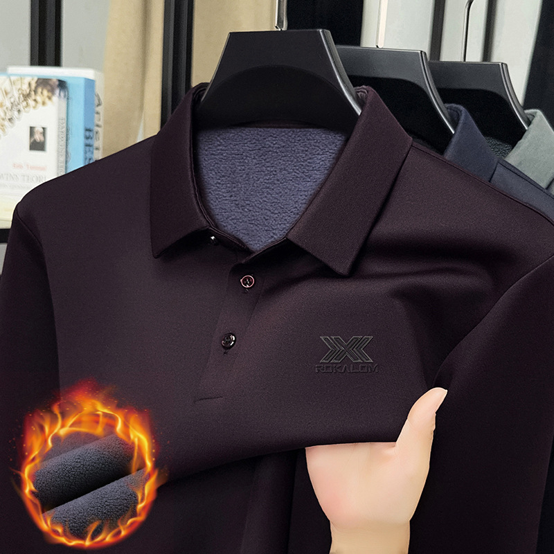 Férfi hosszú ujjú téli polo ing, mulberry selyem keverék, üzleti-szabadidő stílus, lehajtható gallér, fleece bélés, karcsú szabás.