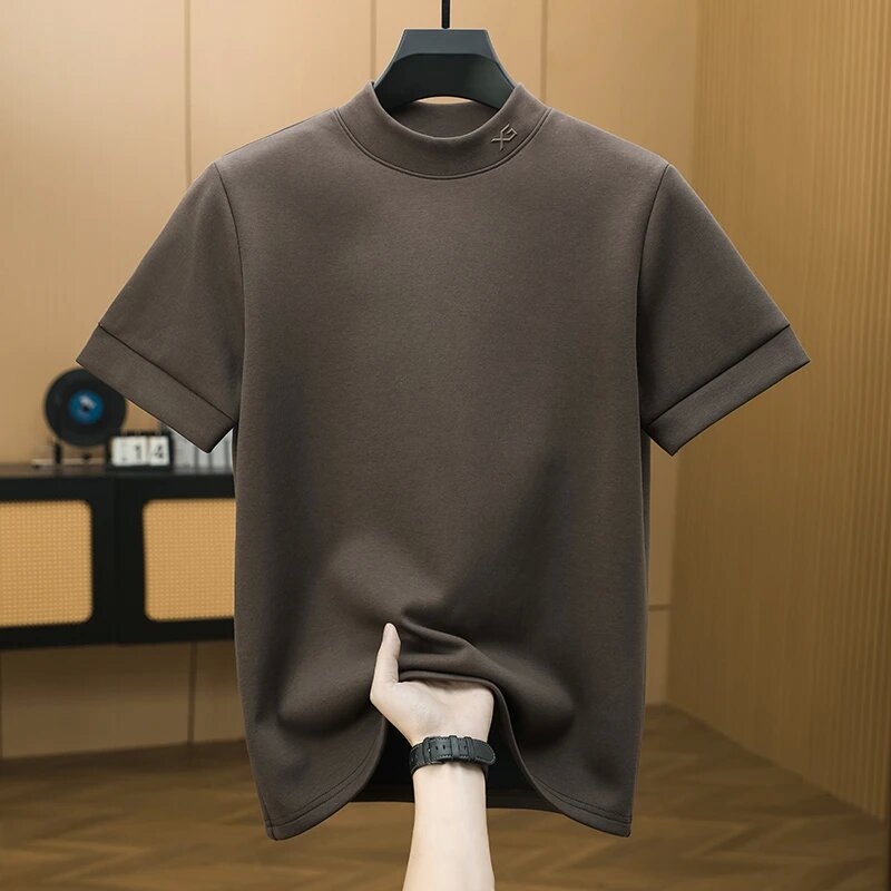 Derong velúr fleece férfi rövid ujjú pulóver, kerek nyak, kétoldalas plüss, karcsú szabás, 2024 tavasz-ősz