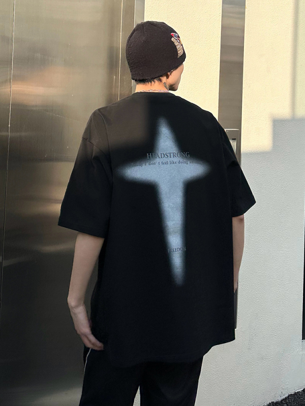 Pamut rövid ujjú T-shirt mintával, uniszex, laza szabás, kerek nyak, nyár