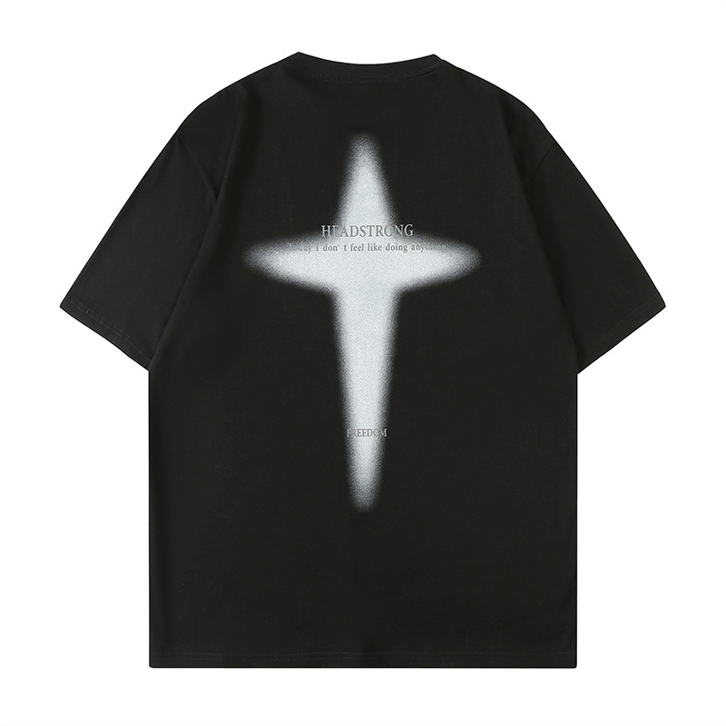 Pamut rövid ujjú T-shirt mintával, uniszex, laza szabás, kerek nyak, nyár
