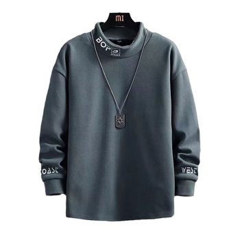 Férfi őszi-téli félmagas galléros pulóver fleece-béléssel, lazán szabott, kétszínű velúr anyag, hosszú ujjú