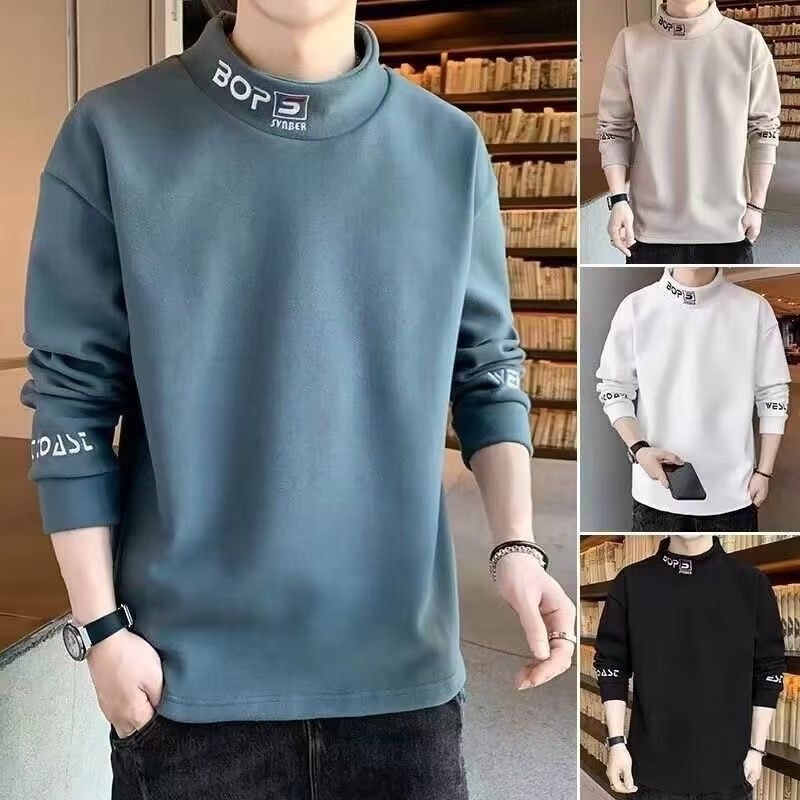 Férfi őszi-téli félmagas galléros pulóver fleece-béléssel, lazán szabott, kétszínű velúr anyag, hosszú ujjú