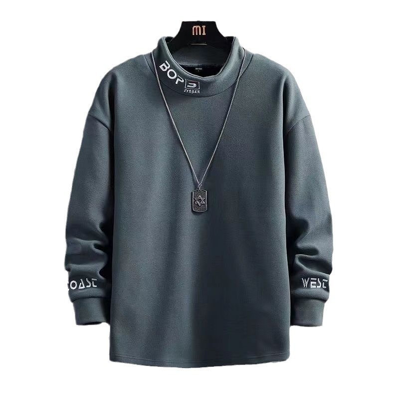Férfi őszi-téli félmagas galléros pulóver fleece-béléssel, lazán szabott, kétszínű velúr anyag, hosszú ujjú
