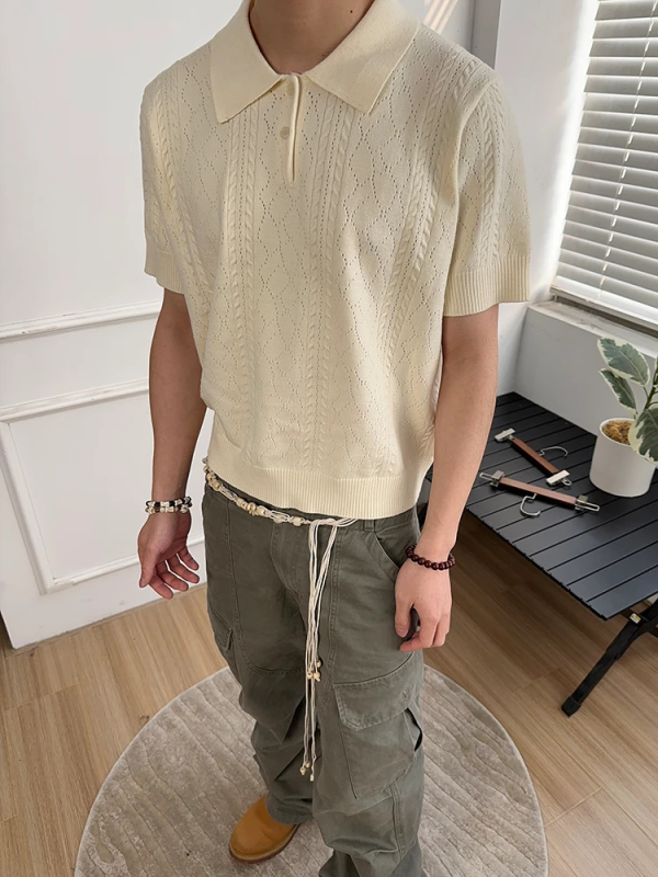 Polo tricotat pentru bărbați cu jacquard de grâu, mânecă scurtă, țesătură ușoară de vară, stil Old Money, croială lejeră