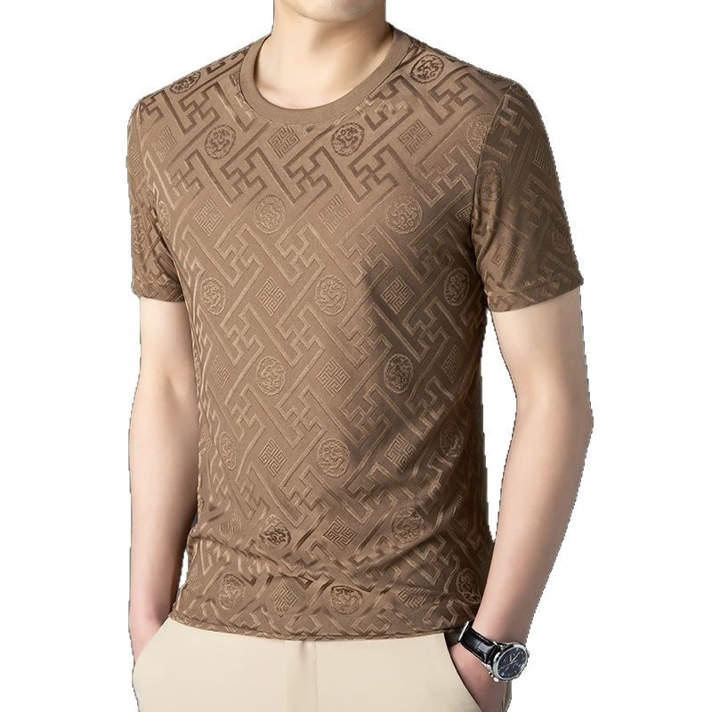 Férfi jacquard mintás vékony nyári ice silk rövid ujjú póló, kerek nyakú, mindennapi stílus