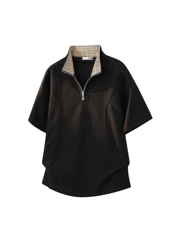 Férfiaknak készült amerikai retro stílusú póló, hamis két rész dizájn, kockás patchwork, gallér lecsúsztatva, rövid ujjú, nyár, laza szabás