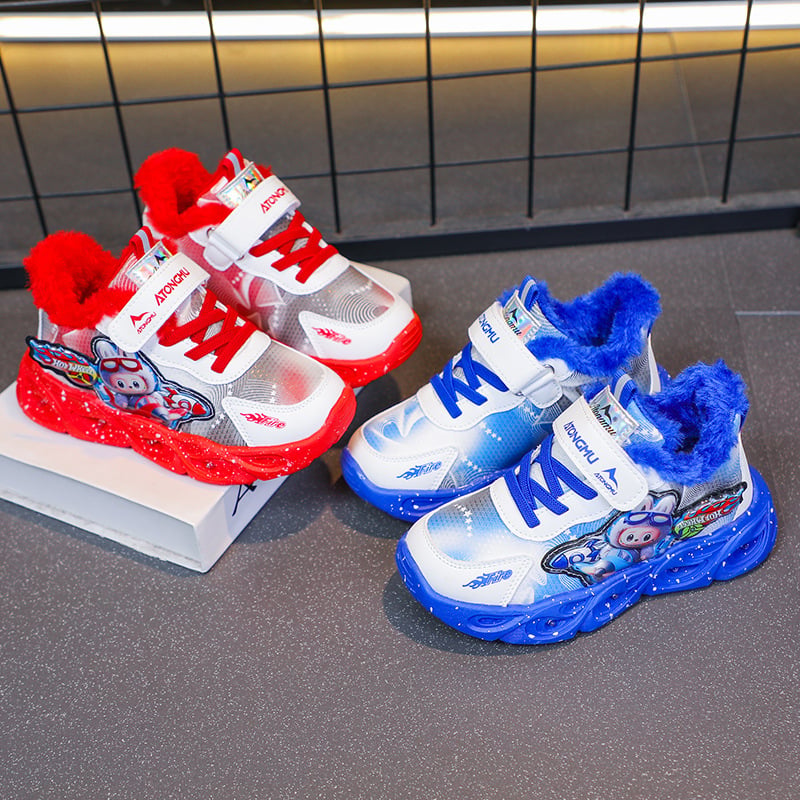 Világító gyerek futócipő, 2025 őszi-téli, könnyű, lélegző mindennapi sneakers Velcro zárás, fleece bélés
