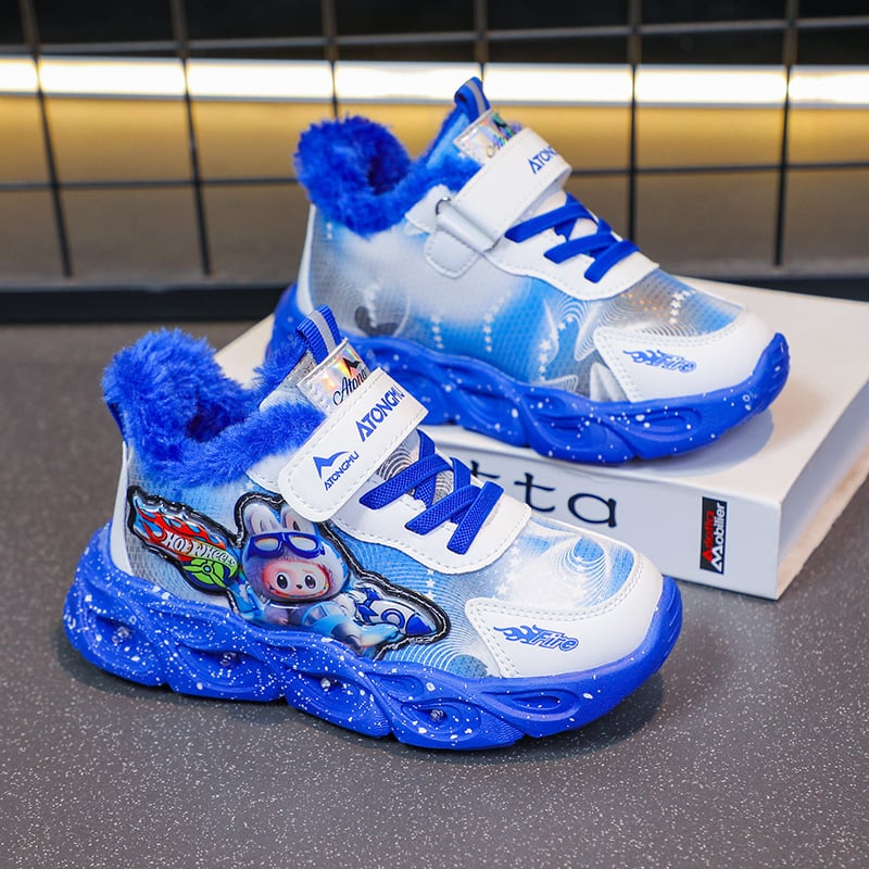 Világító gyerek futócipő, 2025 őszi-téli, könnyű, lélegző mindennapi sneakers Velcro zárás, fleece bélés