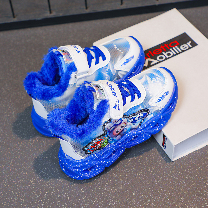 Világító gyerek futócipő, 2025 őszi-téli, könnyű, lélegző mindennapi sneakers Velcro zárás, fleece bélés