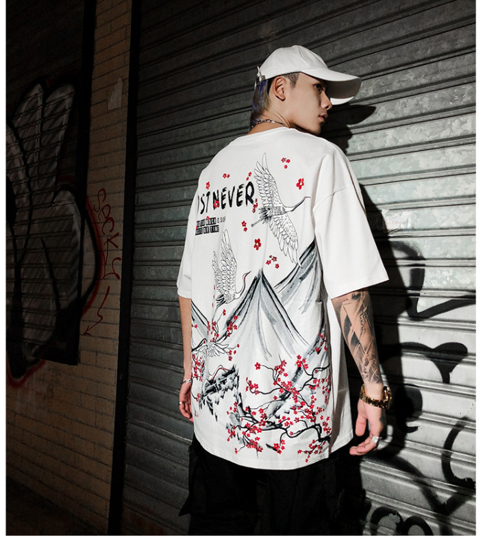 Muška ljetna majica s kineskim stilom i crane motivom – opušten kroj, kratki rukavi, streetwear