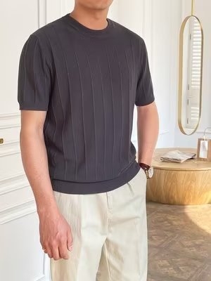 Muški ljetni pleteni T-shirt s okruglim izrezom, bijela, casual stil, 2023