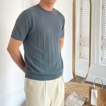Muški ljetni pleteni T-shirt s okruglim izrezom, bijela, casual stil, 2023