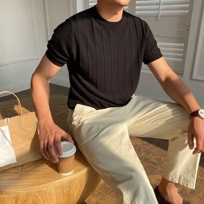 Muški ljetni pleteni T-shirt s okruglim izrezom, bijela, casual stil, 2023