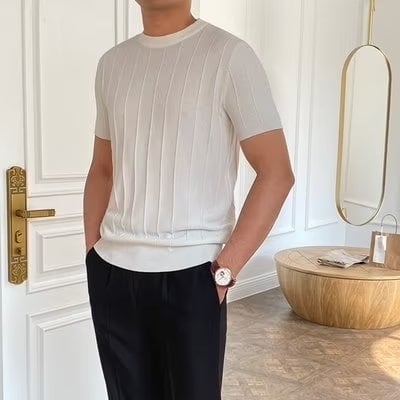 Muški ljetni pleteni T-shirt s okruglim izrezom, bijela, casual stil, 2023