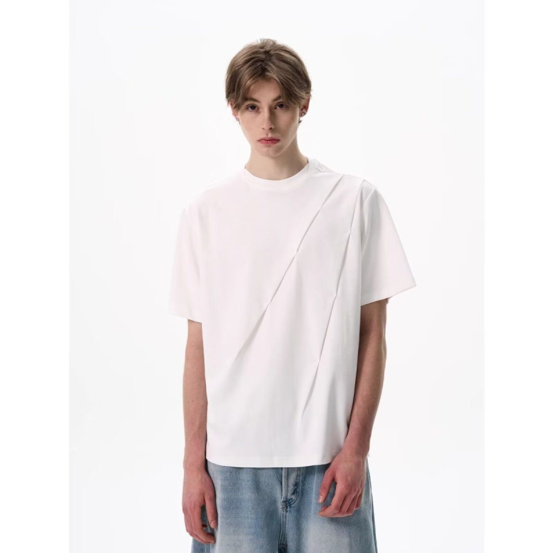 Férfi prémium vastag anyagú pliszírozott T-shirt, nyár, amerikai stílus, normál váll, tiszta szabás, kis kerek nyakú kivágás, rövid ujjú