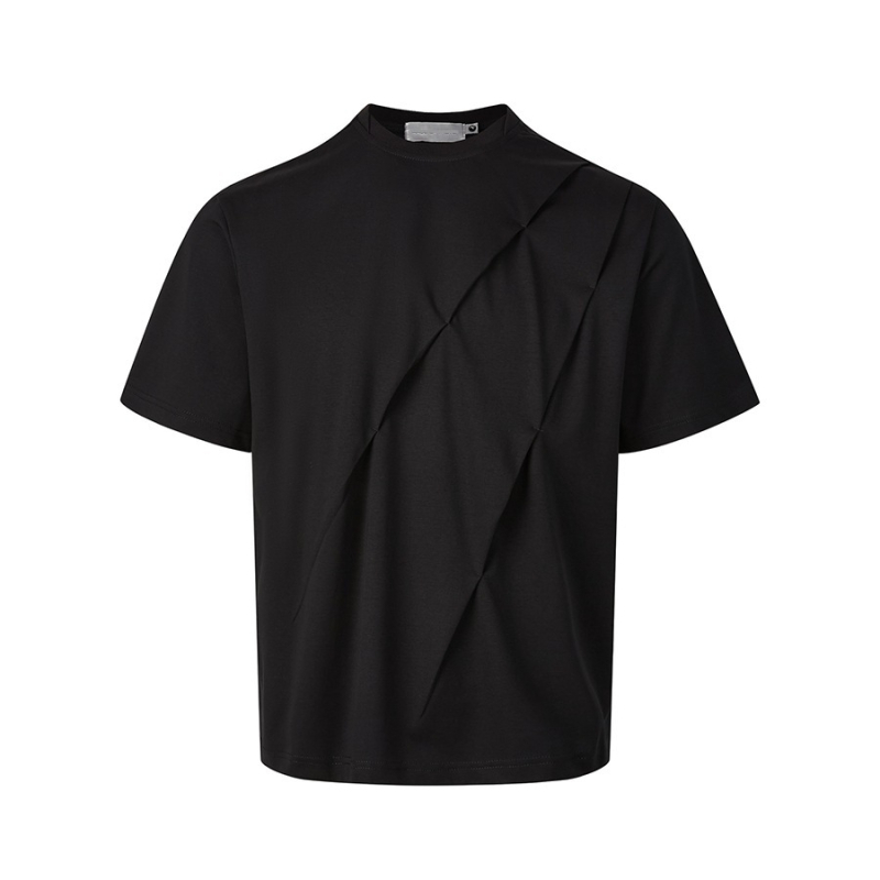 Férfi prémium vastag anyagú pliszírozott T-shirt, nyár, amerikai stílus, normál váll, tiszta szabás, kis kerek nyakú kivágás, rövid ujjú