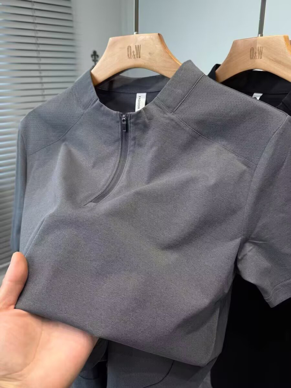 Luxus nyári póló rövid ujjú zipzárral férfiaknak, álló galléval, szabadtéri casual sportos viselet