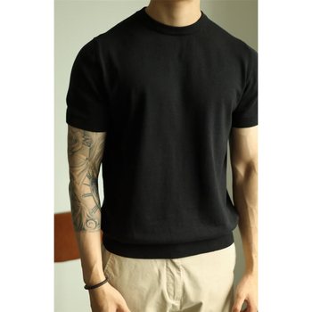 Férfiaknak szóló vékony szabású ice silk anyagú rövid ujjú kötött T‑shirt, egyszínű, kerek nyakkal