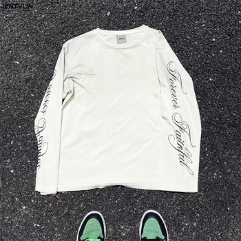 Férfi pamut hosszú ujjú póló betűk nyomásával, streetwear stílus, kerek nyakú