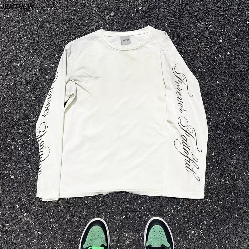 Férfi pamut hosszú ujjú póló betűk nyomásával, streetwear stílus, kerek nyakú
