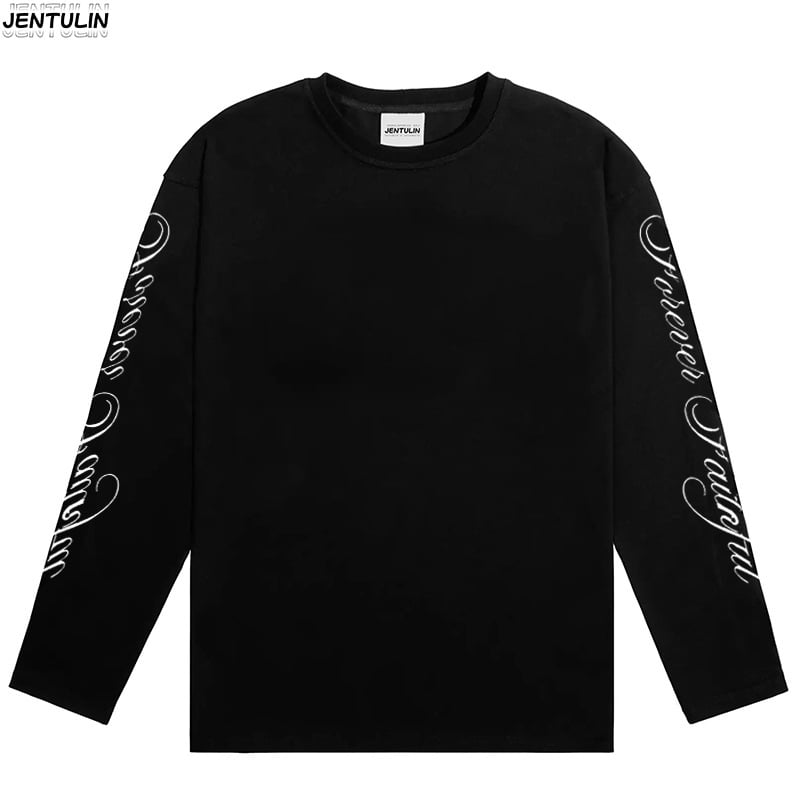 Férfi pamut hosszú ujjú póló betűk nyomásával, streetwear stílus, kerek nyakú