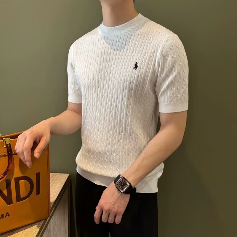 Nyári új, hímzett textúrájú kötött férfi rövid ujjú póló, koreai stílusú karcsú szabás, lélegző, üzleti casual