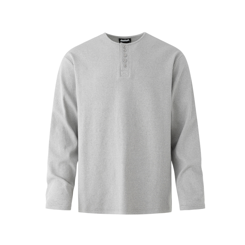 Muška majica s dugim rukavima, Henley ovratnik, waffle uzorak, korejski stil, estetika starog novca, uski jesenski kroj