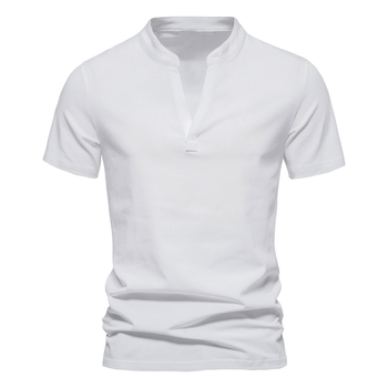 Férfi pamut rövid ujjú T‑shirt mély V-nyakkal és álló gallérrel, nyári viselet