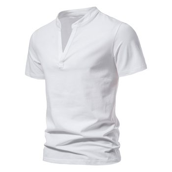 Férfi pamut rövid ujjú T‑shirt mély V-nyakkal és álló gallérrel, nyári viselet