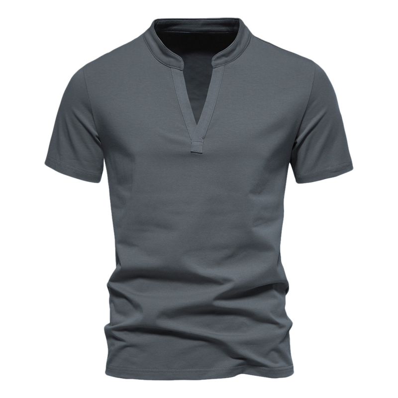 Férfi pamut rövid ujjú T‑shirt mély V-nyakkal és álló gallérrel, nyári viselet
