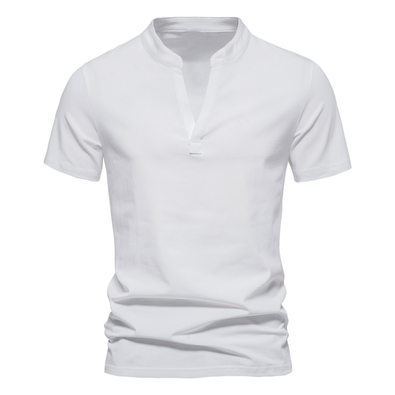 Férfi pamut rövid ujjú T‑shirt mély V-nyakkal és álló gallérrel, nyári viselet
