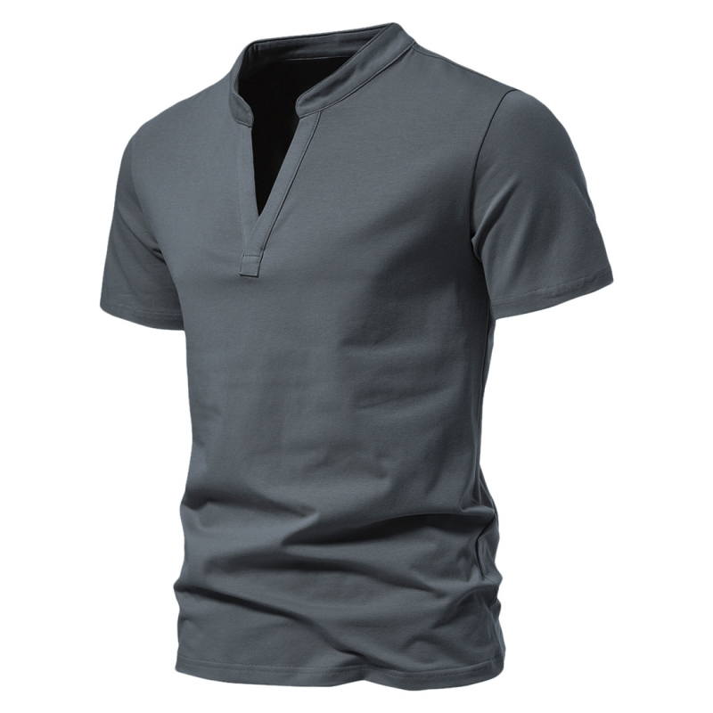 Férfi pamut rövid ujjú T‑shirt mély V-nyakkal és álló gallérrel, nyári viselet
