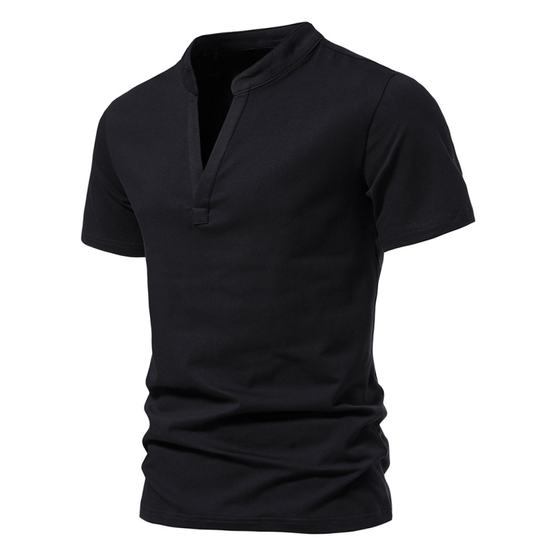 Férfi pamut rövid ujjú T‑shirt mély V-nyakkal és álló gallérrel, nyári viselet
