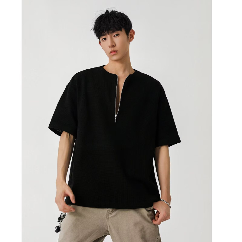 Harajuku félzipzáros férfi póló, nyári trend, prémium textúra, laza szabás, rövid ujjú, hétköznapi stílus