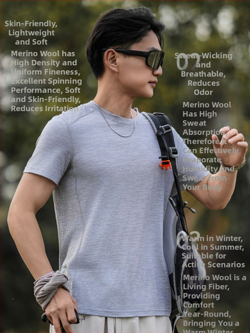 Tricou outdoor din lână Merino, uscare rapidă, pentru bărbați, vară, mânecă scurtă, pentru drumeții și alergare – H09