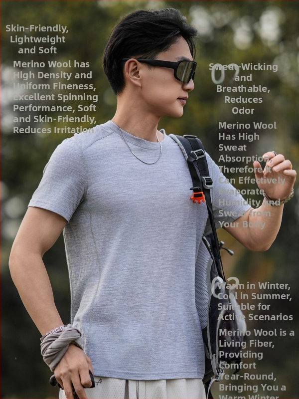 Tricou outdoor din lână Merino, uscare rapidă, pentru bărbați, vară, mânecă scurtă, pentru drumeții și alergare – H09