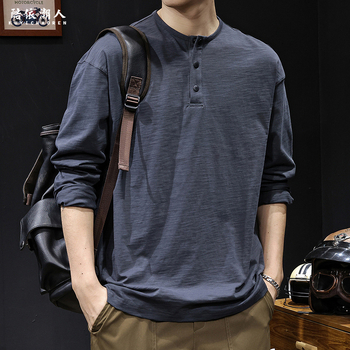 Muška dugačka majica od bambus-pamuka, proljeće 2026, novi model, američki retro stil, oversize, Henley ovratnik, osnovni sloj za nošenje.