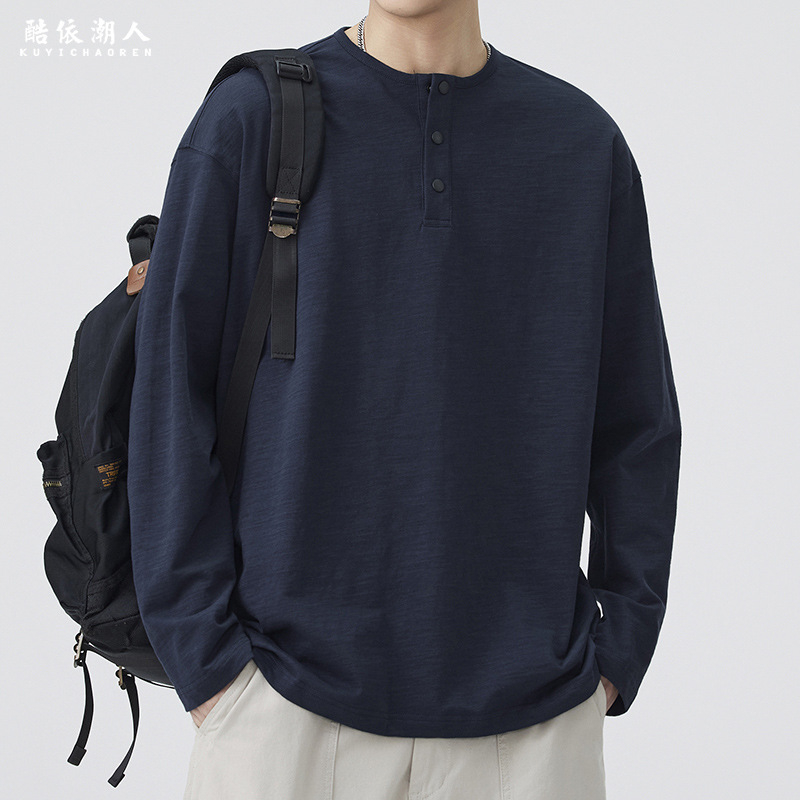 Muška dugačka majica od bambus-pamuka, proljeće 2026, novi model, američki retro stil, oversize, Henley ovratnik, osnovni sloj za nošenje.