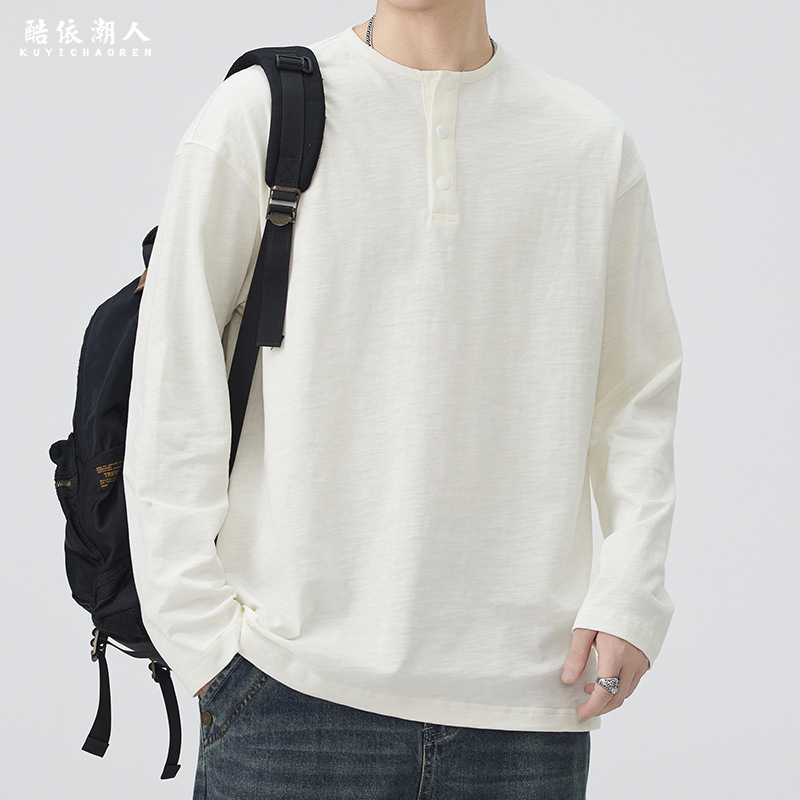 Muška dugačka majica od bambus-pamuka, proljeće 2026, novi model, američki retro stil, oversize, Henley ovratnik, osnovni sloj za nošenje.