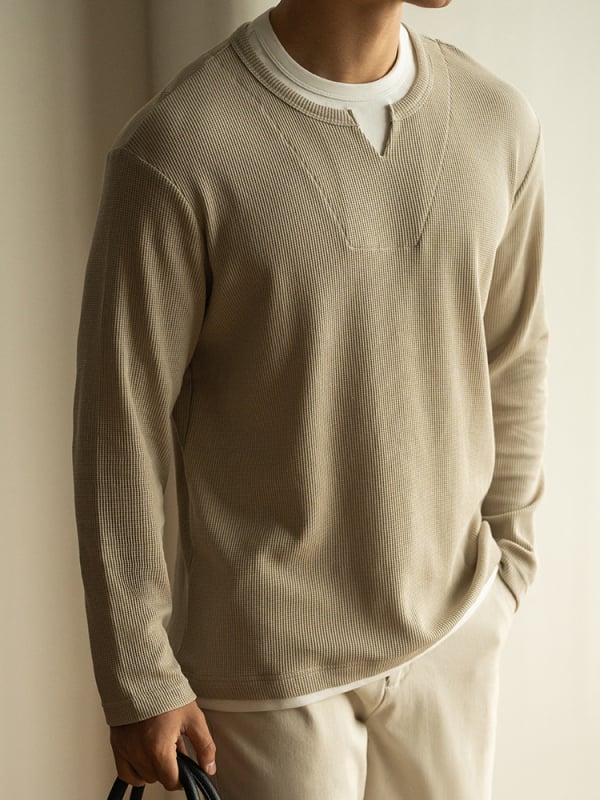 Drop-Shoulder waffle-knit slobodan cropped lažni dvodijelni sweatshirt za muškarce, proljeće 2025