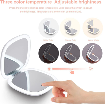 LED sminktükör összecsukható, kagyló alakú, kompakt, beépített világítással